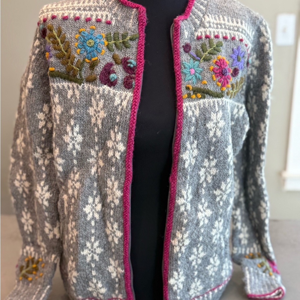 Floral Embroidered Lost Horizons Gray Knit Cardigan